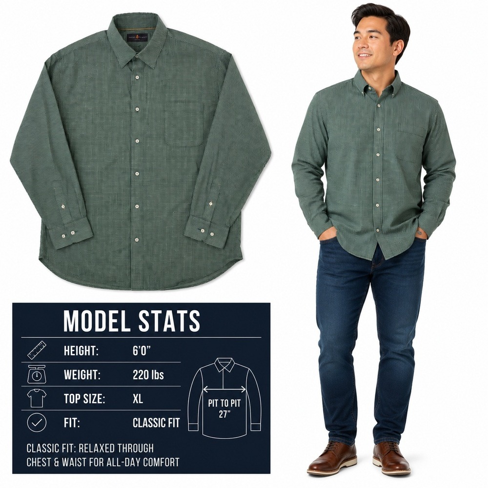 Robert Talbott Classic Mens XL Green Gingham Check‎ Cotton Button Down Shirt 842